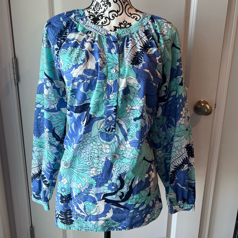 Talbots Blue and Green Floral Blouse. Medium